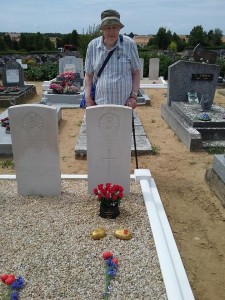 Raymond Fowler paying tribute at his father's War Grave, July 2018